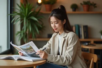 Femme élégante lisant un magazine dans un café cosy