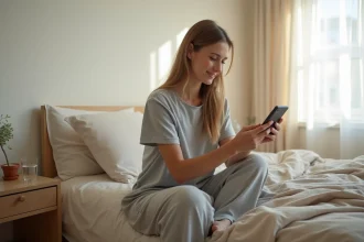 Femme consultant un calculateur de durée de sommeil sur son smartphone assis au bord du lit avant de dormir