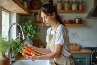 Femme lavant des carottes fraîches entières dans un évier de cuisine, illustrant la gestion des glucides au quotidien