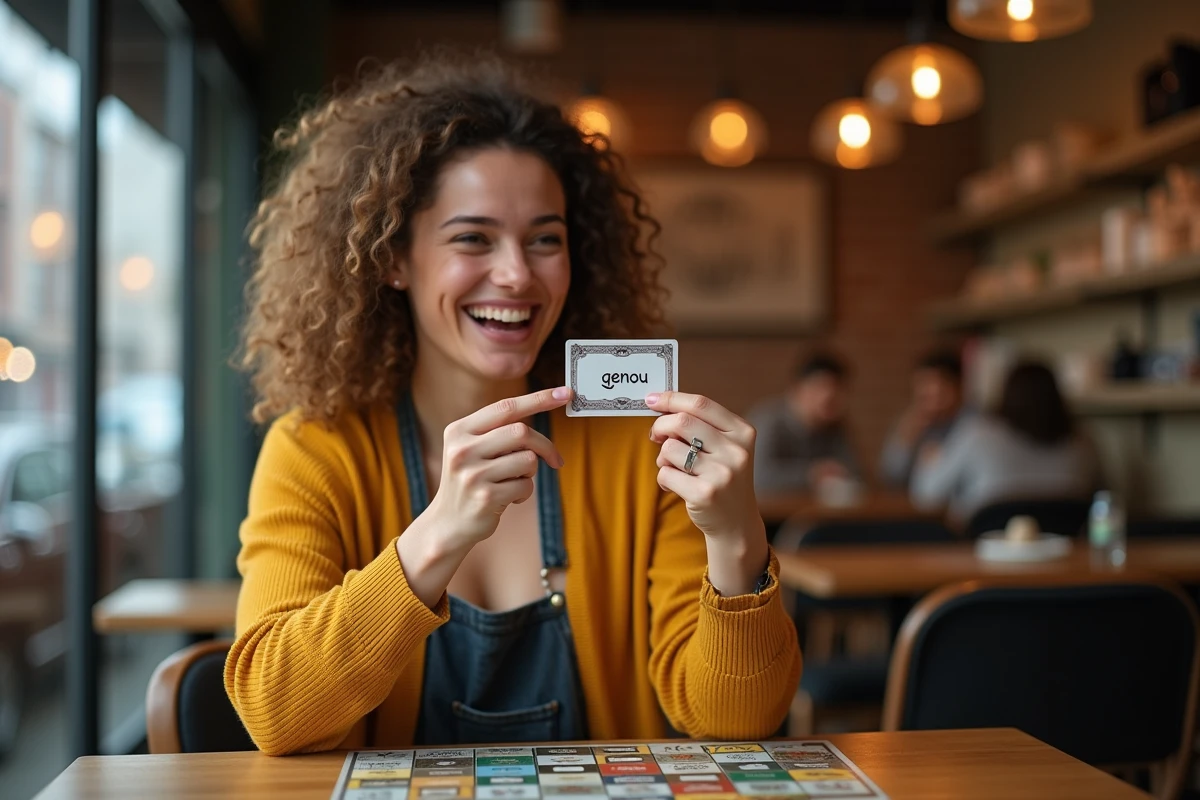 Jeune femme tenant une carte de jeu de société avec le mot genou inscrit, riant lors d'une partie de jeu éducatif