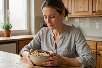 Femme mangeant un bol de céréales riches en fibres le matin dans une cuisine en bois naturel