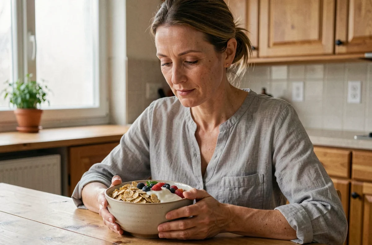 Femme mangeant un bol de céréales riches en fibres le matin dans une cuisine en bois naturel