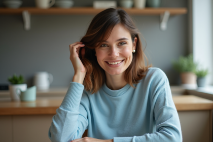 Femme aux cheveux bruns en intérieur calme et moderne