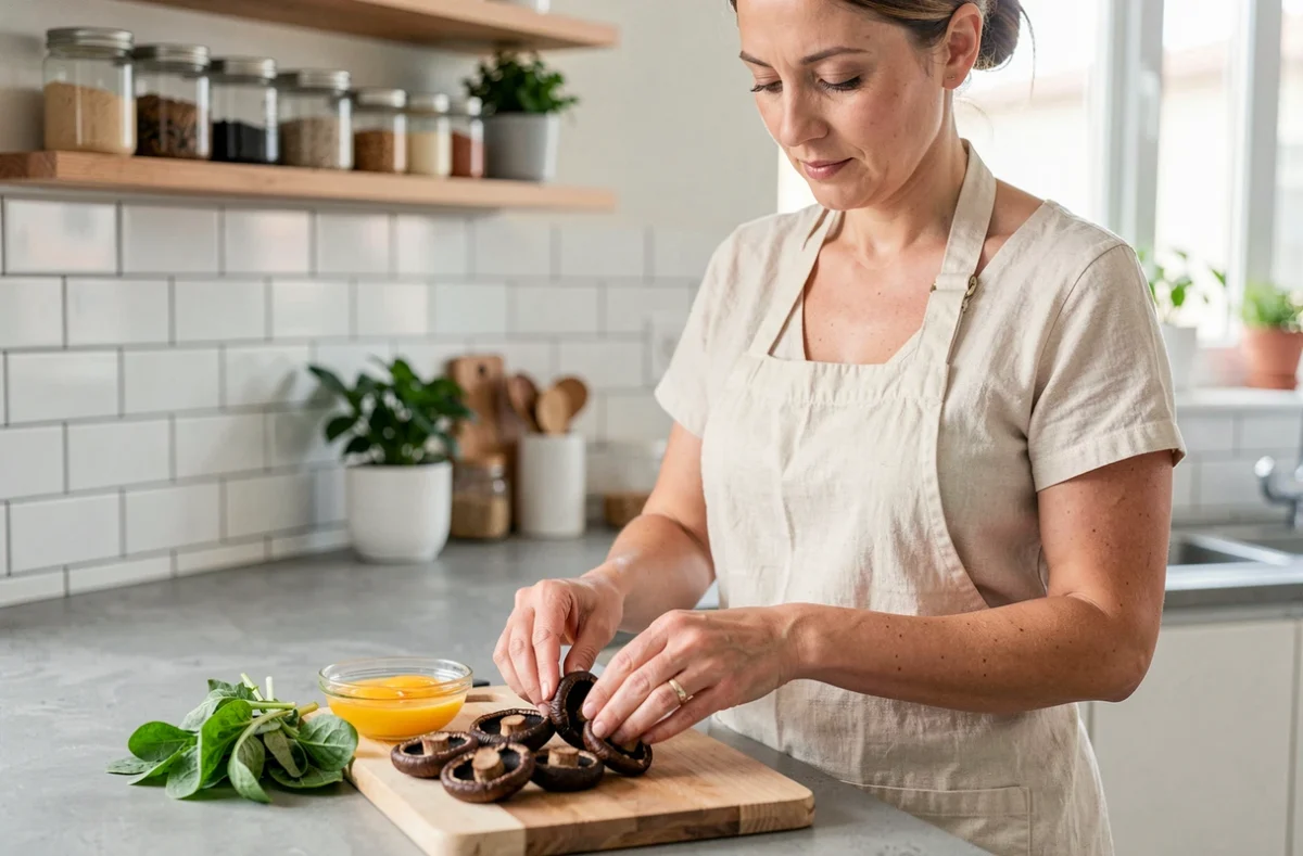 Femme préparant une recette avec des aliments riches en vitamine D, champignons portobello et jaunes d'œufs sur un plan de travail en cuisine