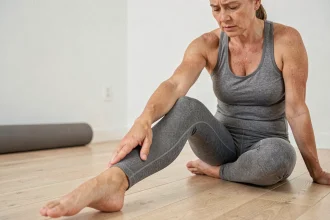 Femme en tenue de sport assise au sol tenant sa cuisse douloureuse, illustrant la cruralgie de la hanche