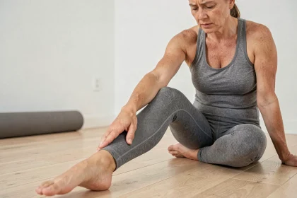 Femme en tenue de sport assise au sol tenant sa cuisse douloureuse, illustrant la cruralgie de la hanche