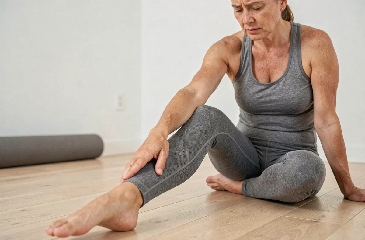 Femme en tenue de sport assise au sol tenant sa cuisse douloureuse, illustrant la cruralgie de la hanche