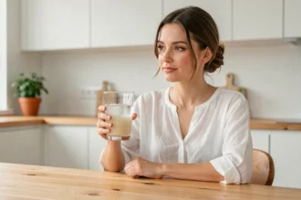Femme tenant un verre d'eau de riz dans une cuisine moderne, tendance bien-être 2026