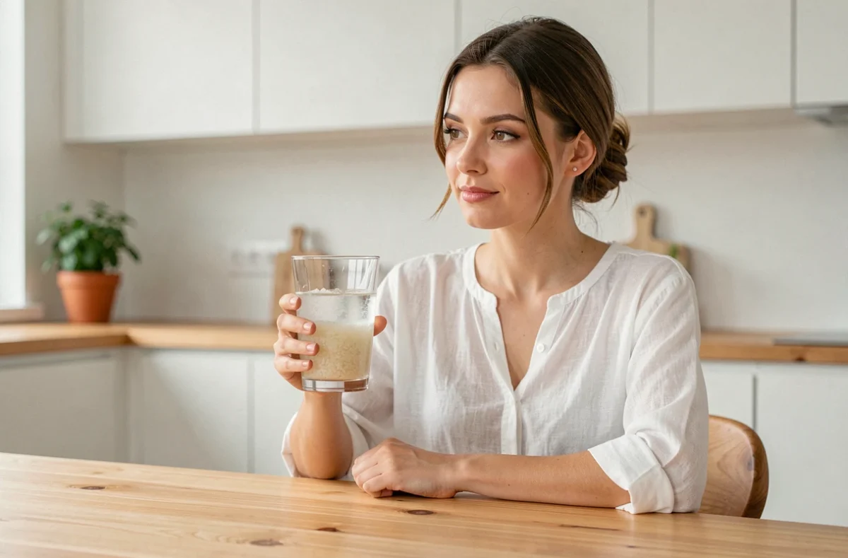 Femme tenant un verre d'eau de riz dans une cuisine moderne, tendance bien-être 2026