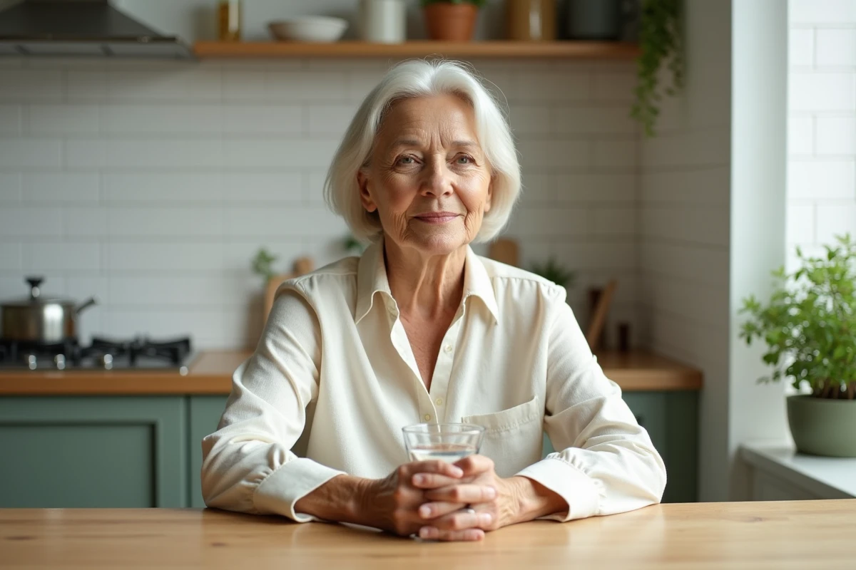 Femme buvant un verre d'eau minérale à la cuisine pour favoriser le transit intestinal