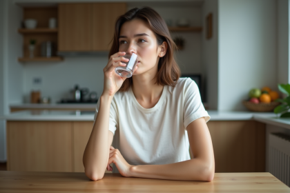 Femme en T-shirt buvant de l'eau naturelle pour l'article