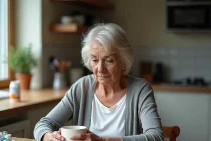 Femme fatiguée assise à une table de cuisine avec un médicament thyroïdien et un verre d'eau, illustrant les effets secondaires d'un dosage de Levothyrox trop élevé