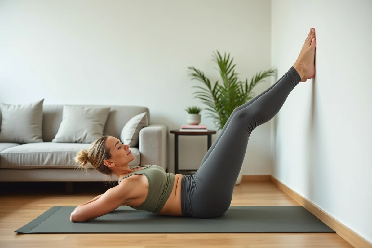 Femme pratiquant une élévation des jambes contre un mur pour soulager les paresthésies avec un remède naturel à la maison