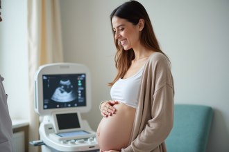 Femme enceinte souriante avec son sonographe dans une clinique