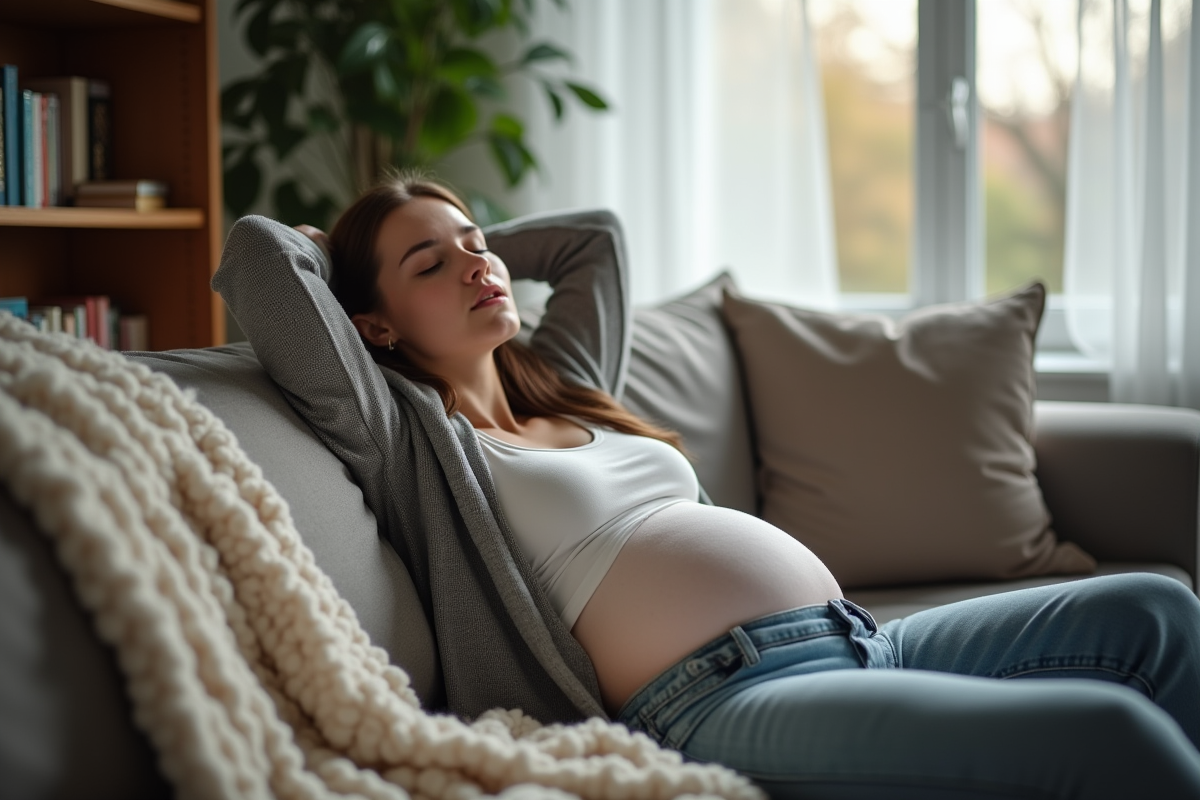 Jeune femme enceinte se reposant sur un canapé dans le salon