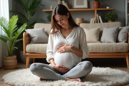 Femme enceinte assise sur un tapis dans un salon cosy