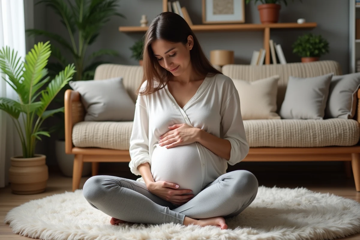 Femme enceinte assise sur un tapis dans un salon cosy