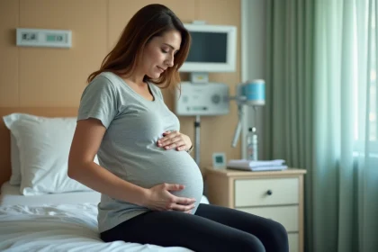 Femme enceinte au troisième trimestre assise sur un lit d'hôpital en maternité, mains posées sur le ventre, expression sereine et réflexive