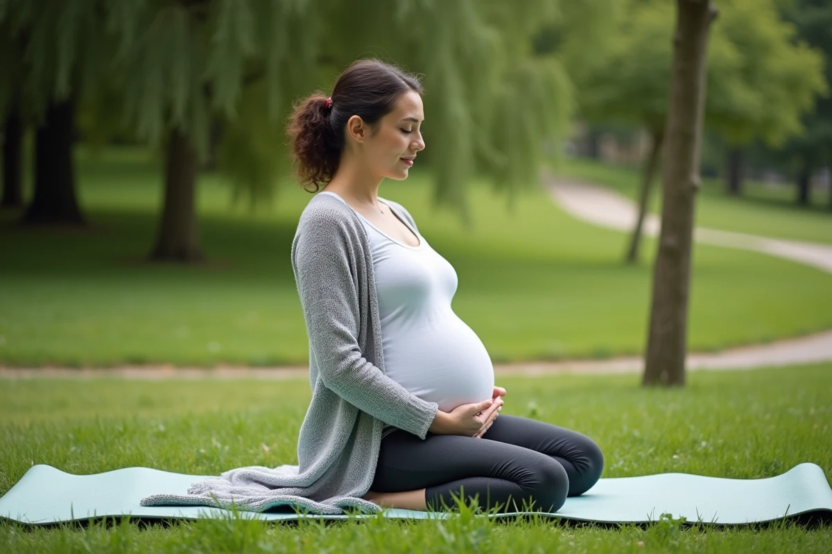 Jeune femme enceinte pratiquant yoga dans un parc vert