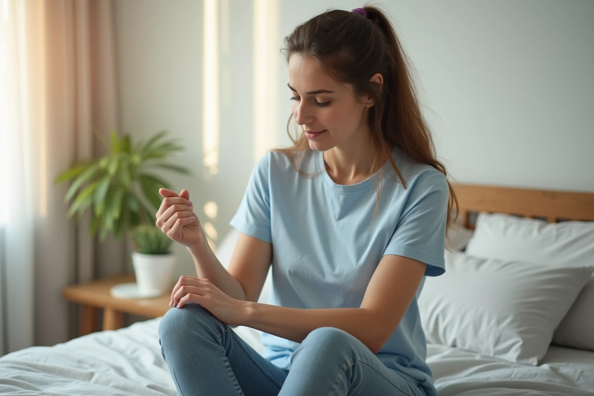 Femme examinant doucement son aisselle dans un lit lumineux