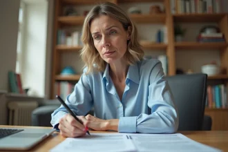 Femme remplissant un formulaire administratif à son bureau pour une demande de Carte Vitale perdue