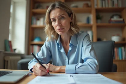Femme remplissant un formulaire administratif à son bureau pour une demande de Carte Vitale perdue