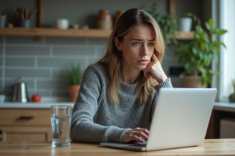 Femme inquiète regardant son ordinateur dans la cuisine
