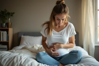 Femme inquiète touchant son ventre dans une chambre lumineuse