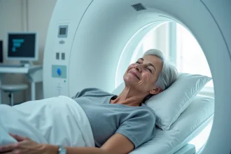Femme allongée dans un appareil IRM ouvert, visage détendu, dans une salle d'imagerie médicale moderne