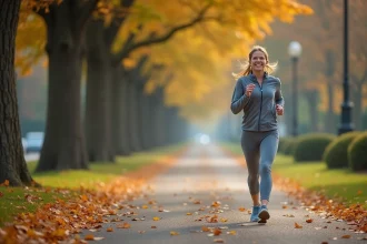 Femme en jogging dans un parc avec feuilles mortes