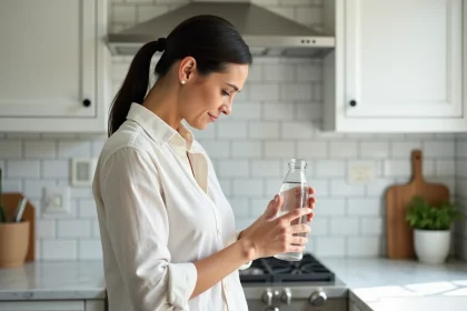Femme lisant l'étiquette d'une bouteille d'eau minérale pour vérifier la composition favorable aux reins