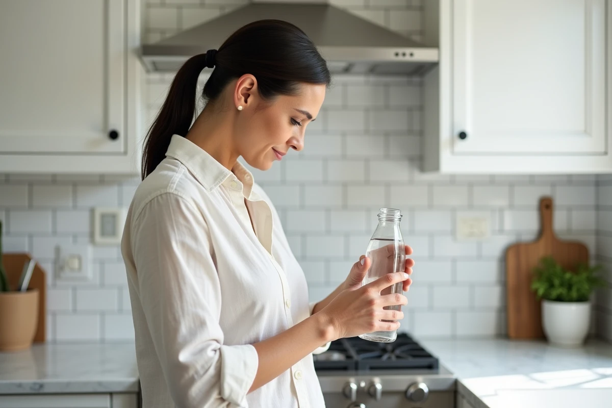 Femme lisant l'étiquette d'une bouteille d'eau minérale pour vérifier la composition favorable aux reins