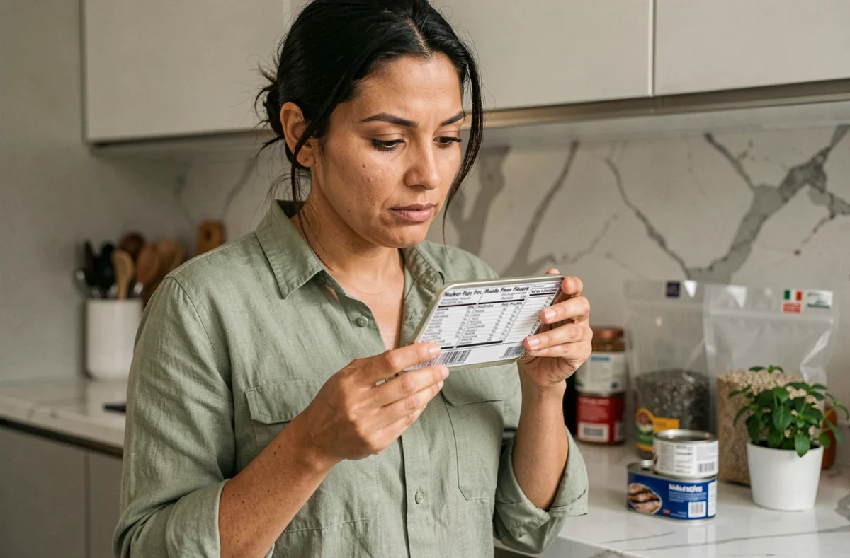 Femme lisant l'étiquette nutritionnelle d'une boîte de sardines riche en oméga 3 dans une cuisine moderne