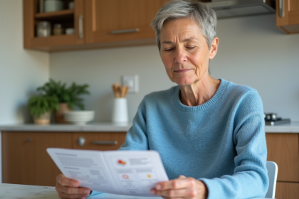 Femme lisant une notice de medicament dans une cuisine chaleureuse