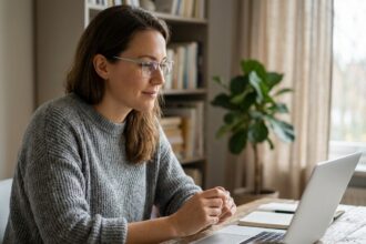 Femme portant des lunettes à monture métallique travaillant sur un ordinateur portable dans un bureau à domicile moderne
