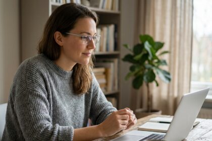 Femme portant des lunettes à monture métallique travaillant sur un ordinateur portable dans un bureau à domicile moderne