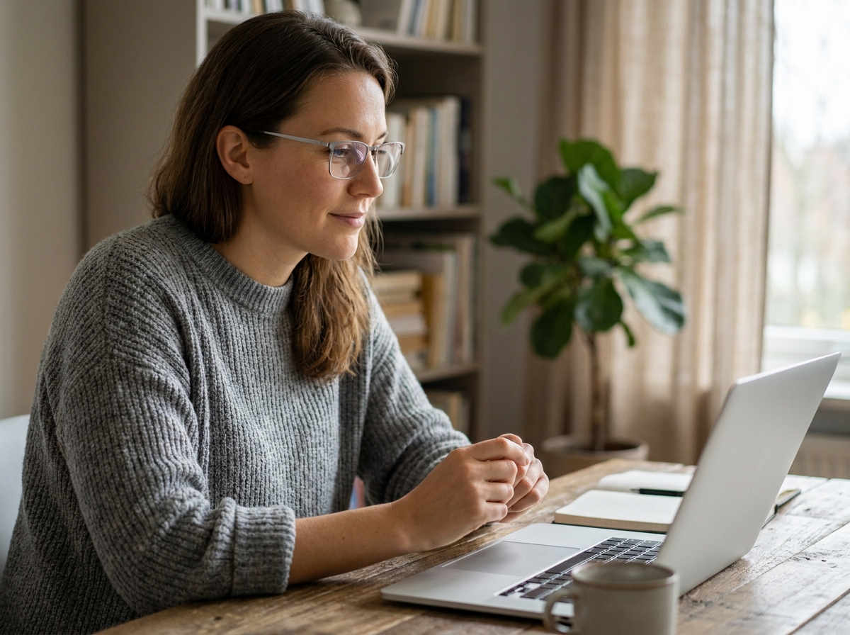 Femme portant des lunettes à monture métallique travaillant sur un ordinateur portable dans un bureau à domicile moderne