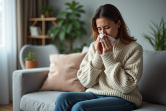 Femme d'âge moyen avec mouchoir dans un salon cosy