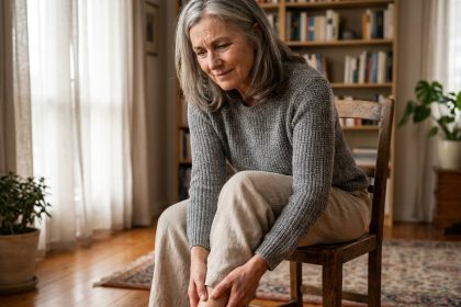 Femme d'âge mûr se massant la jambe pour soulager une mauvaise circulation sanguine dans un salon cosy