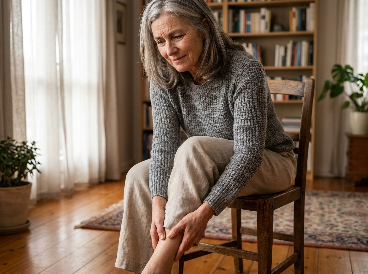 Femme d'âge mûr se massant la jambe pour soulager une mauvaise circulation sanguine dans un salon cosy