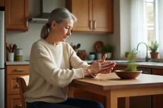 Femme massant sa main pour soulager des paresthésies avec un remède de grand-mère dans une cuisine chaleureuse