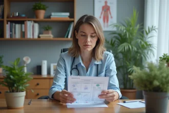 Femme d'affaires médicale regardant un rapport rénal