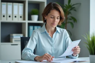 Femme médicale lisant un rapport dans un bureau moderne