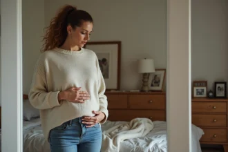 Femme regardant son ventre dans le miroir avec inquiétude