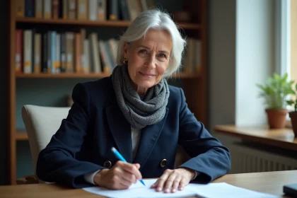 Femme d'&acirc;ge moyen dans un bureau &agrave; domicile en train de remplir des papiers