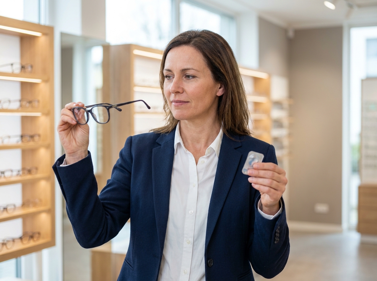 Femme en opticien comparant des lunettes et des lentilles de contact pour choisir la meilleure correction visuelle