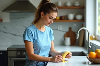 Femme en cuisine peeland une banane mûre