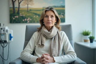 Femme calme avec portacath en salle d infusion