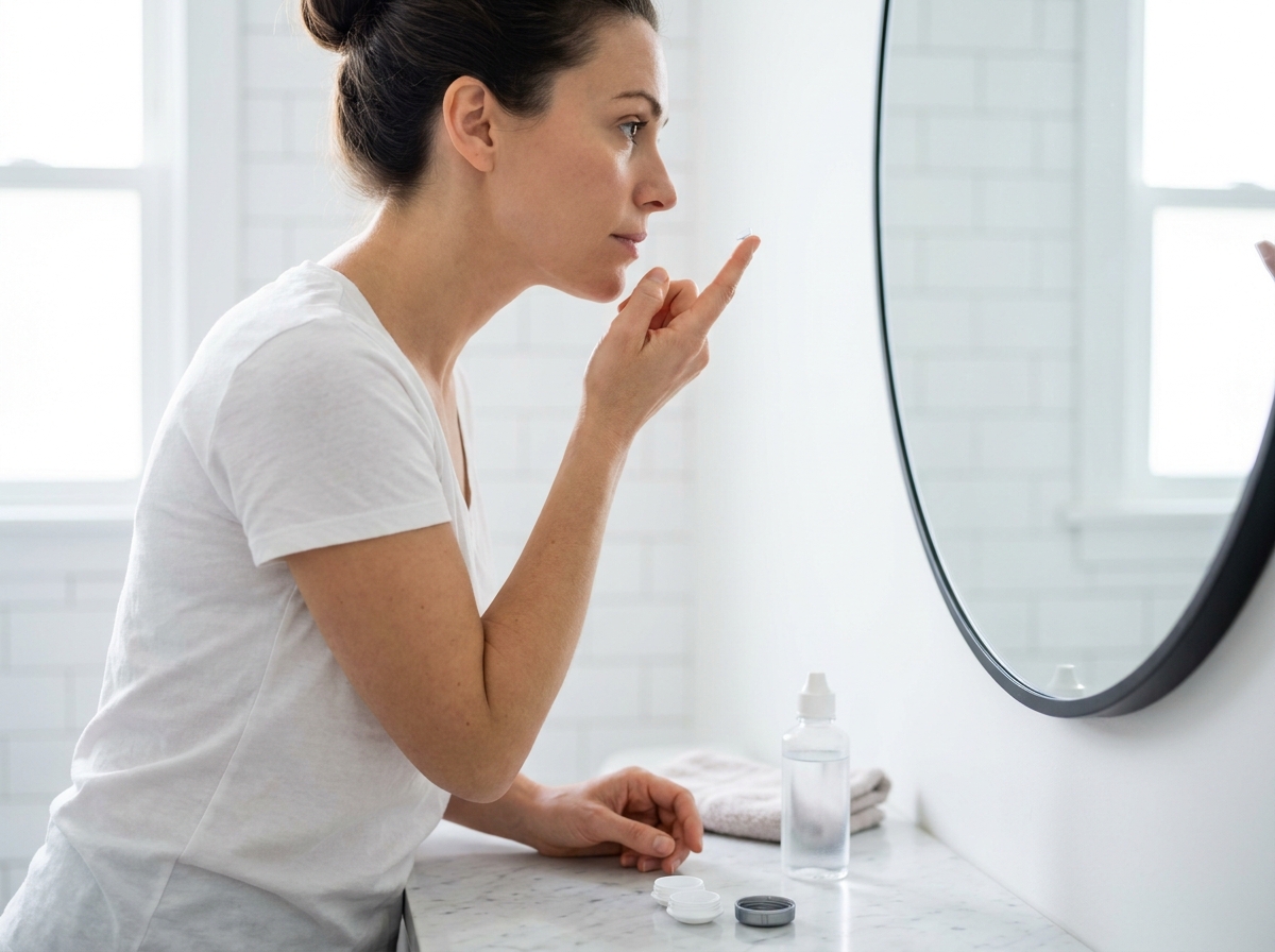 Femme insérant une lentille de contact devant un miroir de salle de bain, illustrant les habitudes quotidiennes avec les lentilles