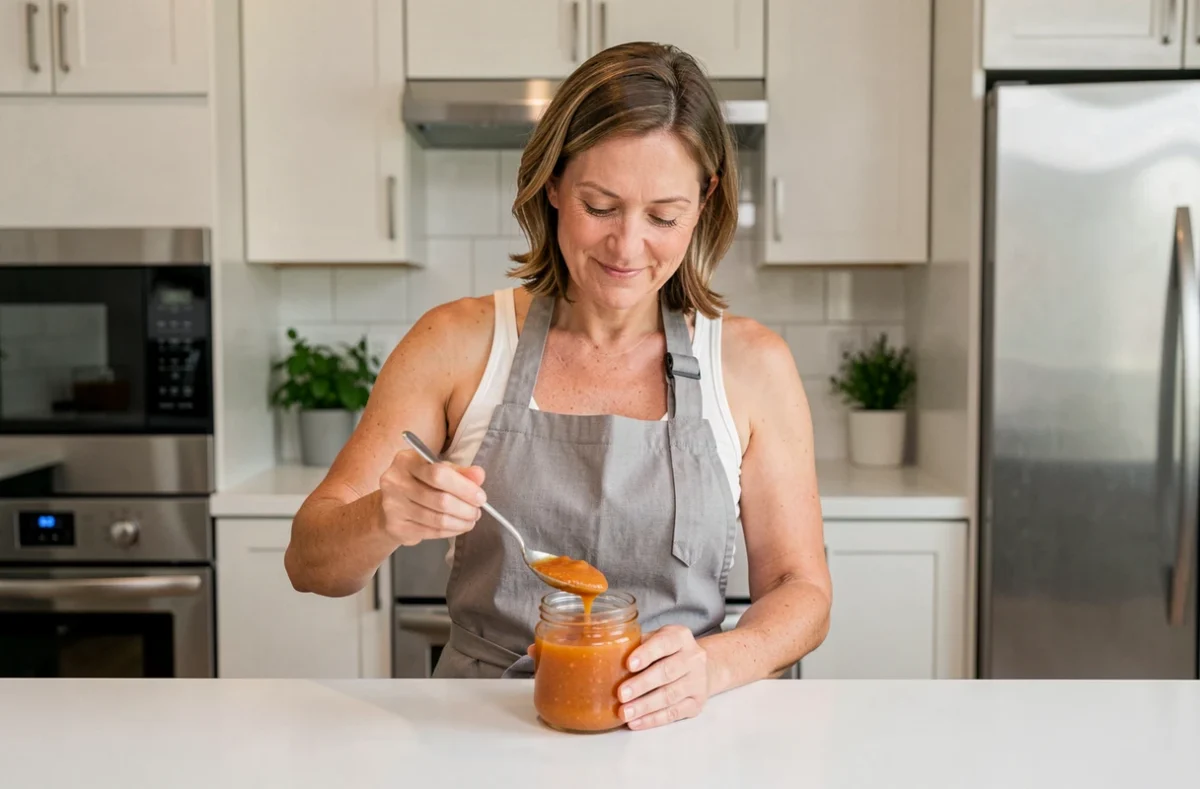 Femme en tablier préparant de la compote de pomme dans une cuisine moderne